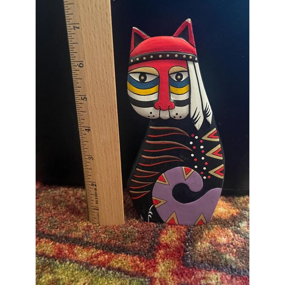 VTG Laurel Burch Style Cat Wood Carved Painted Sculpture Native American 5